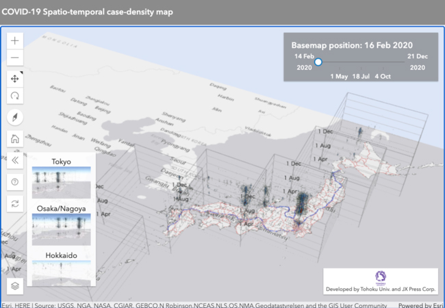 JX通信社と東北大学、「新型コロナ時空間3Dマップ」の全国版を公開