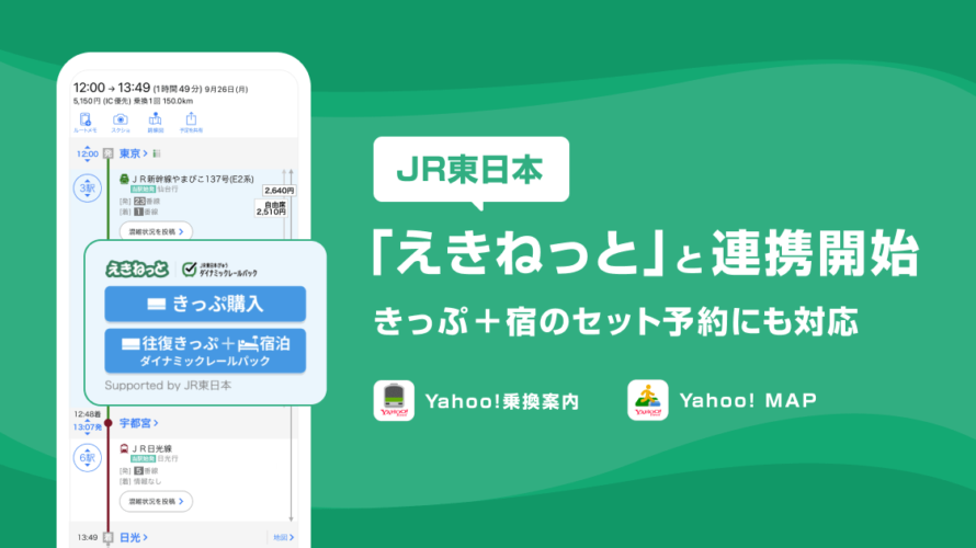 ヤフーとJR東日本が連携、Yahoo!乗換案内とYahoo! MAPで新幹線や在来線特急券の予約・購入などが可能に